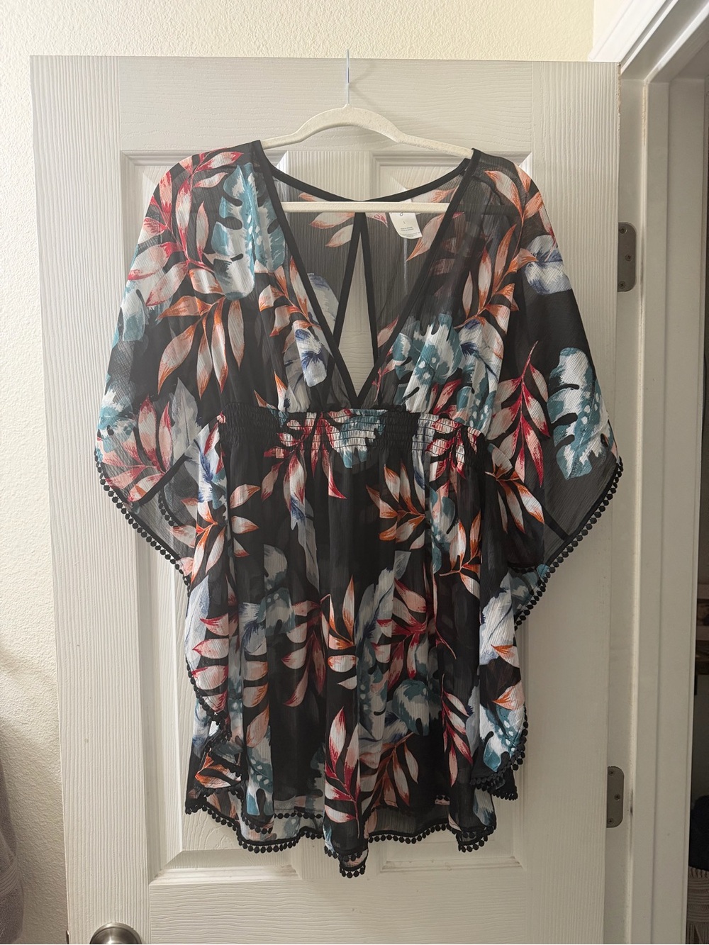 Kona Sol Black Floral Sheer V-Neck Beach Coverup